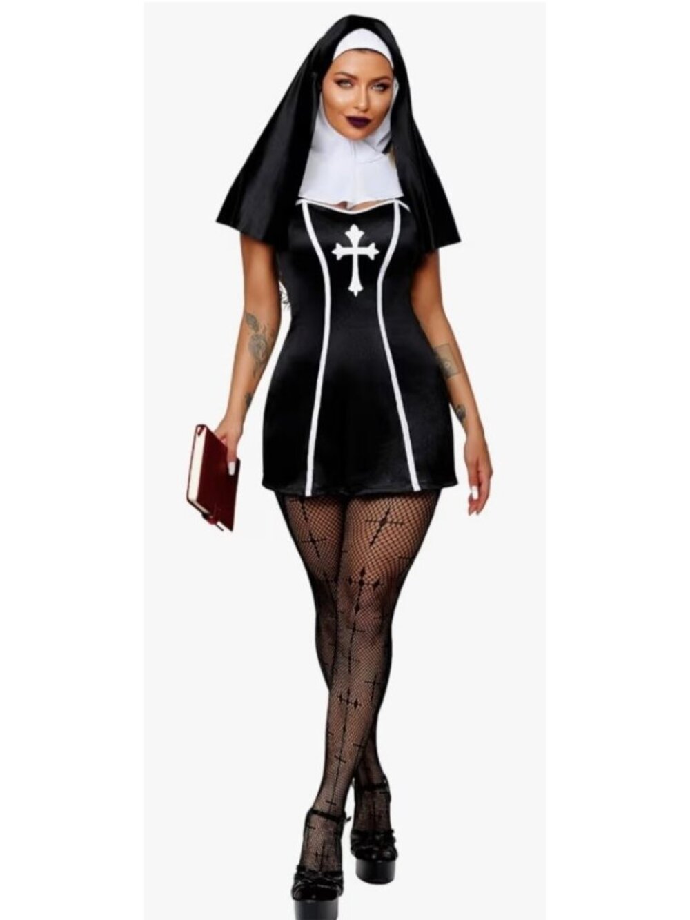 Sexy Nun Costume 4-Piece Set Mini Dress Fishnet Gothic Cosplay OS 0-6